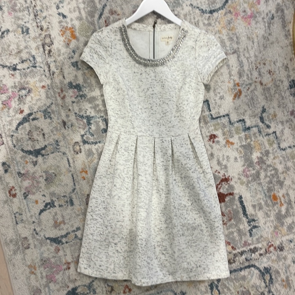 Shortsleeved A-line Dress with Jeweled Neck